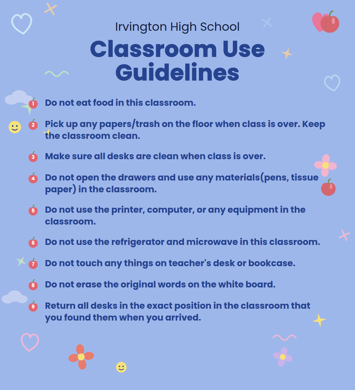 Classroom use guidelines flyer listing nine rules for using Irvington High School classrooms.