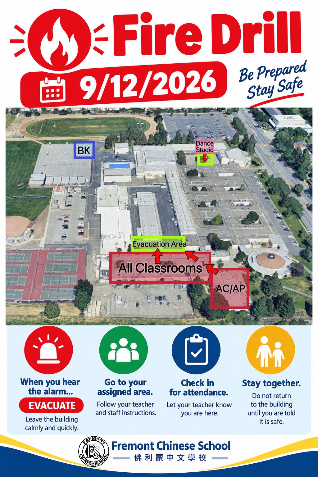 Flyer for the September 12, 2026 fire drill, marking each area's assembly point on the campus map.