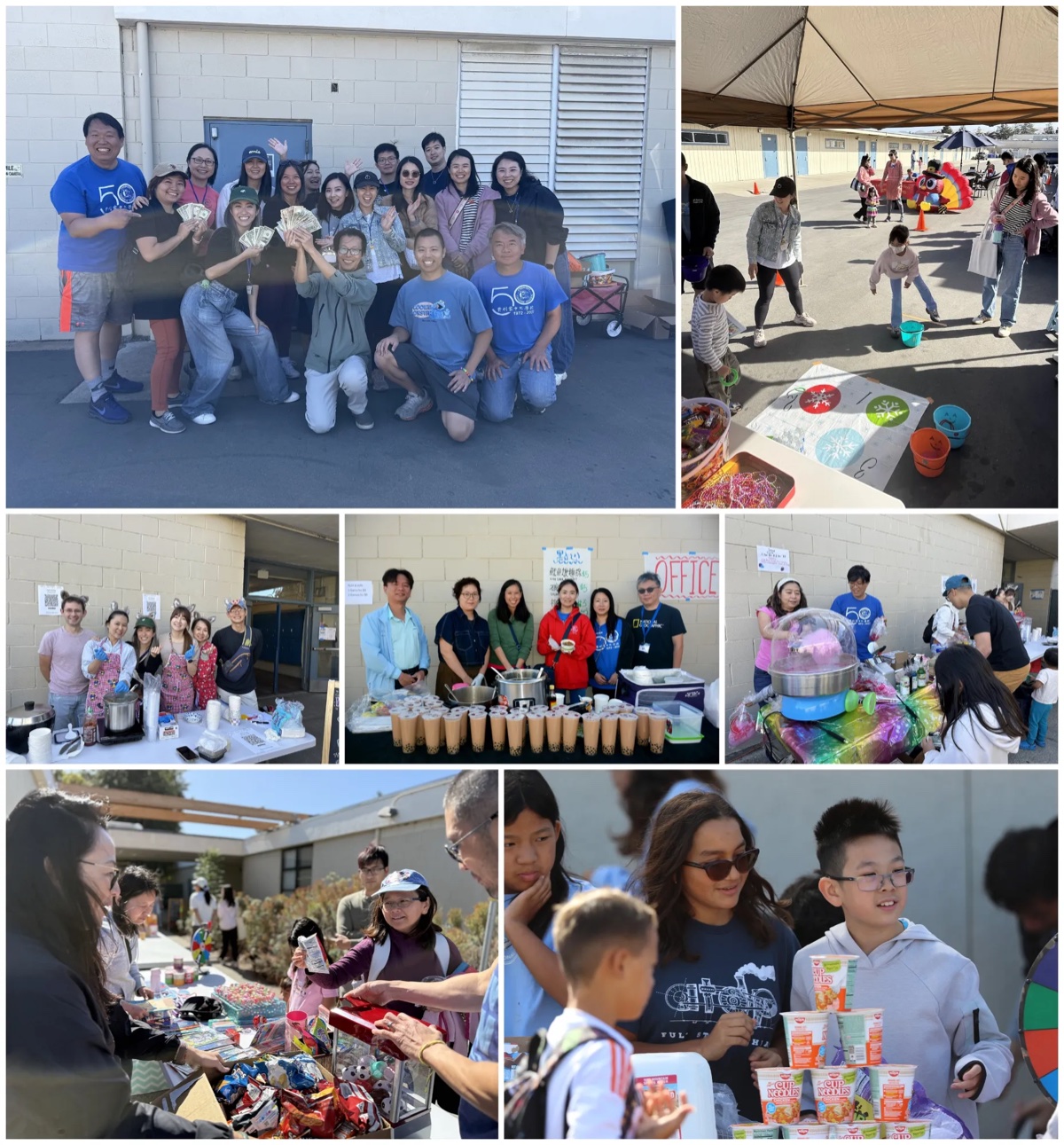 Photo collage from the FCS Food Festival: volunteers celebrating with the day's proceeds, kids playing ring toss and carnival games, class booths serving boba tea, noodles, and cotton candy, and students at a snack and prize stand.